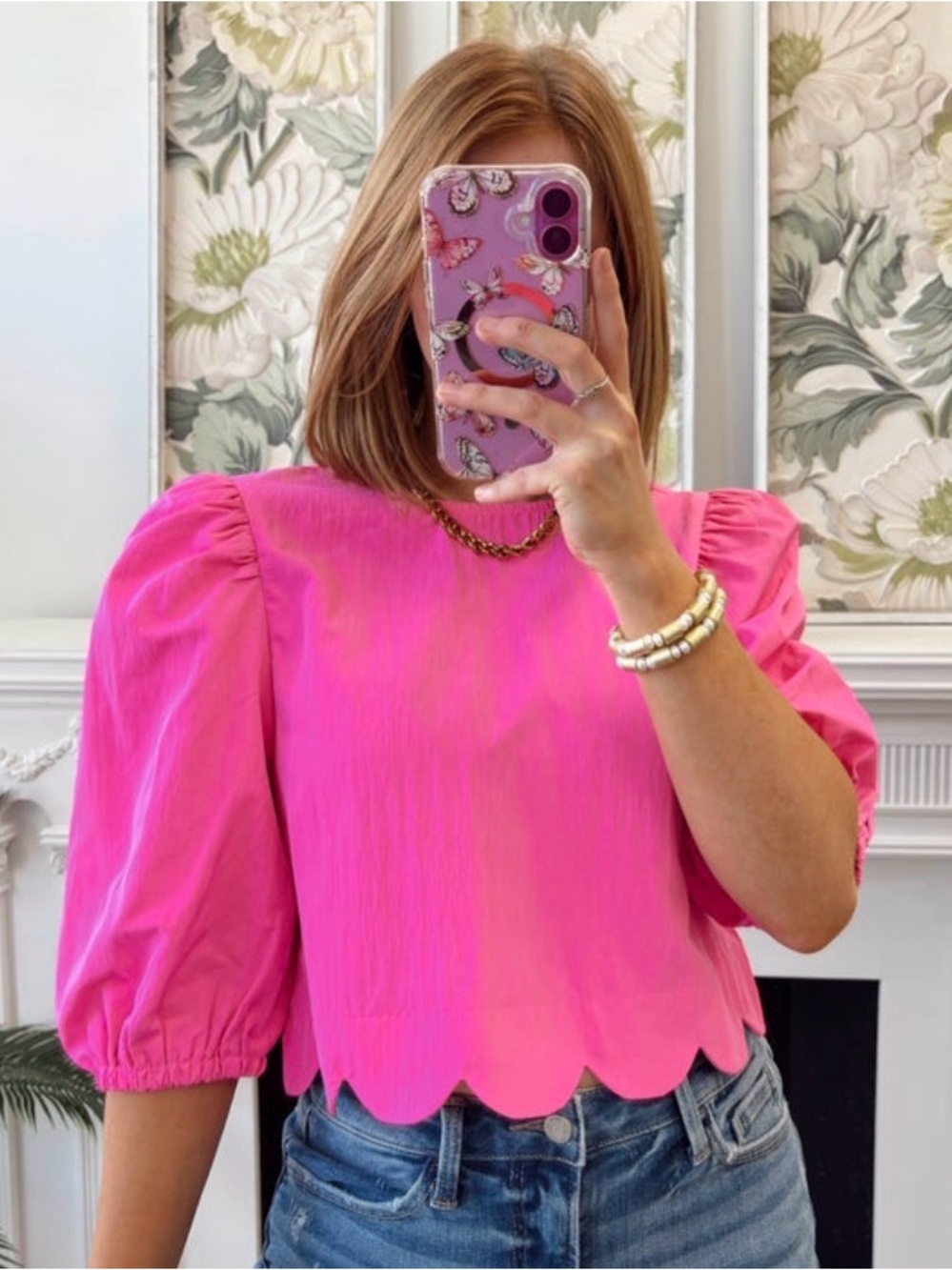 glam Hot Pink Puff-Sleeve Scallop Hem Blouse